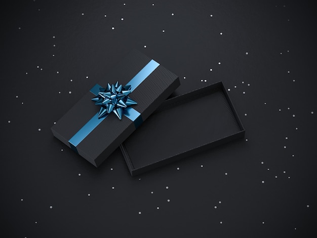 Caixa de presente de luxo e brilho de confete espalhado em fundo escuro 2023 design de ano novo Elegante