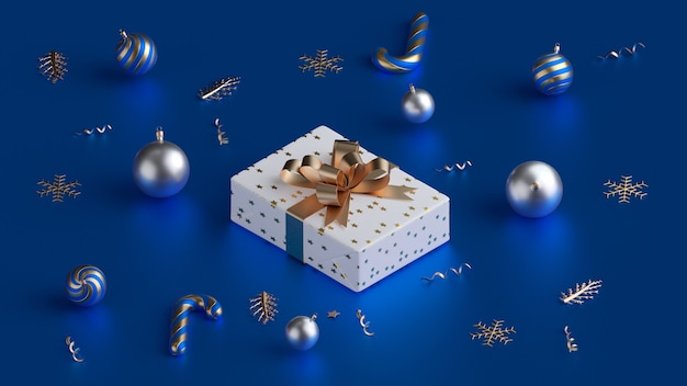 Caixa de presente de Natal com bolas de Natal renderização 3D