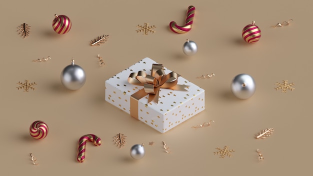 Caixa de presente de Natal com bolas de Natal renderização 3D