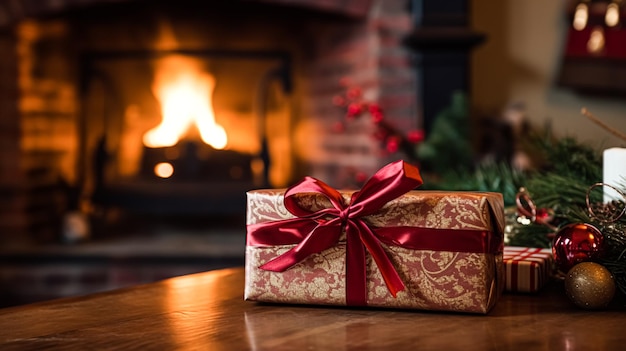 Caixa de presente de Natal perto de uma lareira aconchegante na casa de campo inglesa, feriados de inverno, comemoração do dia do boxe e inspiração para compras de fim de ano