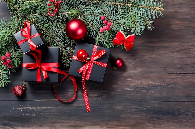Caixa de presente de natal preta com fita vermelha e ramos de abeto