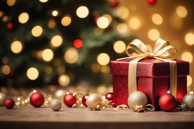 Caixa de presente de Natal vermelha e bolas em fundo de luzes douradas desfocadas