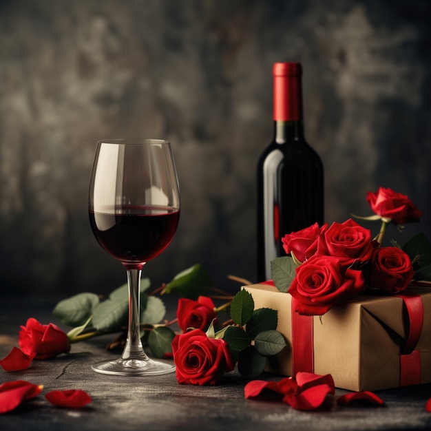 Foto caixa de presente de vinho e rosas vermelhas em fundo escuro