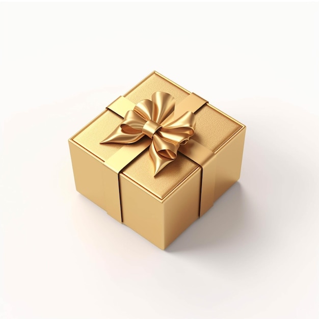 Caixa de presente dourada com laço dourado na renderização 3D de fundo branco