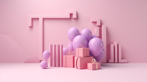 Caixa de presente e balões de pacote de estilo minimalista rosa