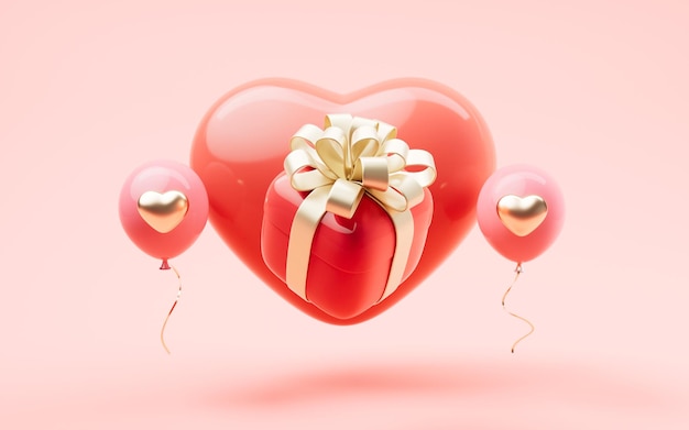 Caixa de presente e celebração do festival do coração do amor renderização em 3d