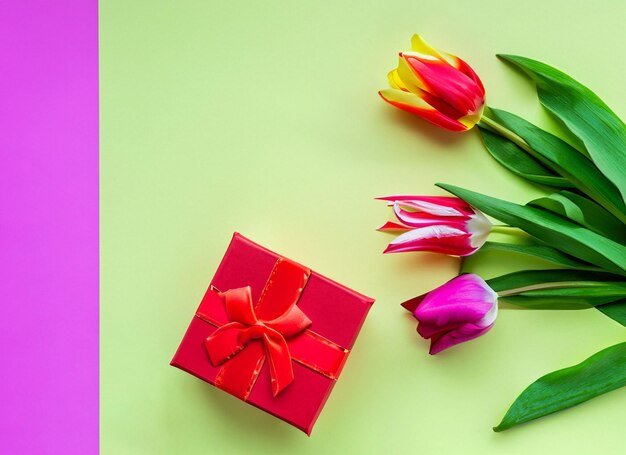 caixa de presente e tulipa contra fundo gradiente