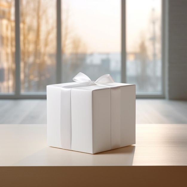 Caixa de presente em branco generativa AI na cor branca sobre a mesa, perfeita para criar uma visualização de maquete