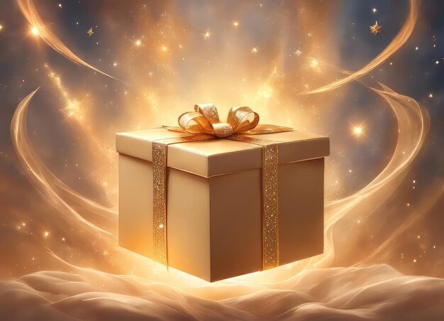 Caixa de presente em cor bege em gravidade zero com faíscas magia Natal Feliz Dia dos Namorados