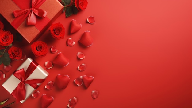 Caixa de presente lindamente embrulhada com uma fita cercada por rosas vermelhas pétalas de rosa criando uma atmosfera romântica e íntima