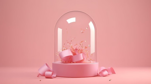 Caixa de presente rosa 3D com laço de fita dourada em cúpula de vidro em fundo rosa pastel Generative ai
