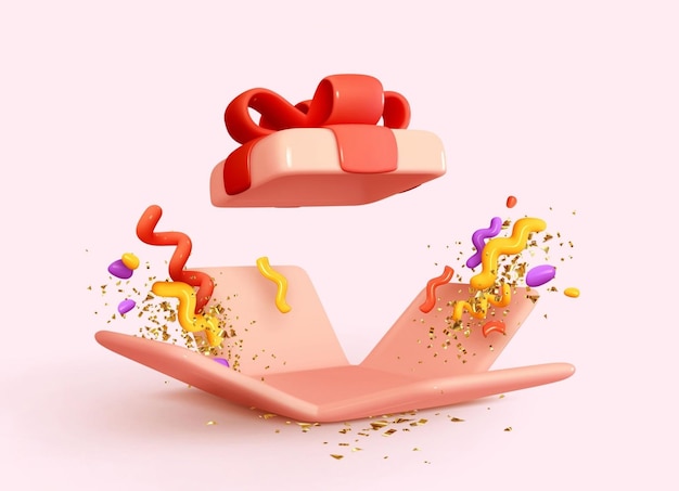 Caixa de presente rosa aberta design 3d realista surpresa de natal e ano novo caixa de presente para aniversário modelo de caixas de presente de natal