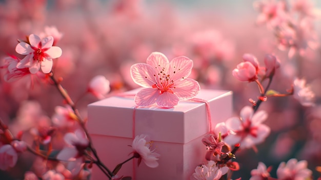 Caixa de presente rosa cercada por flores de cerejeira em flor em fundo azul