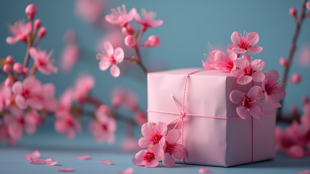 Caixa de presente rosa cercada por flores de cerejeira em flor em fundo azul