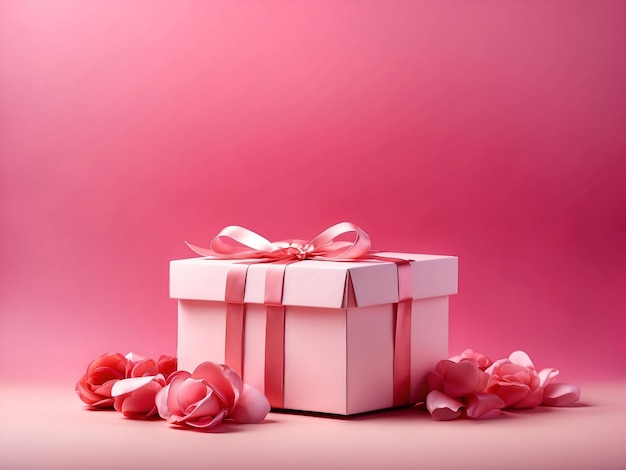 Caixa de presente rosa claro com pétalas de flores rosa com fundo rosa gradiente