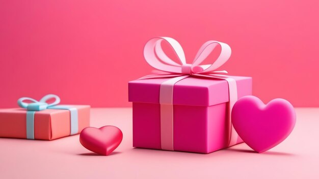 Caixa de presente rosa com fita centrada em fundo rosa vibrante com corações decorativos