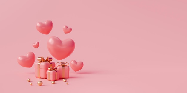 Caixa de presente rosa com fita de ouro e conceito de amor de banner de coração em renderização 3D de fundo rosa