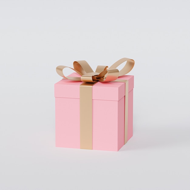 Foto caixa de presente rosa com fita dourada em fundo branco, renderização 3d
