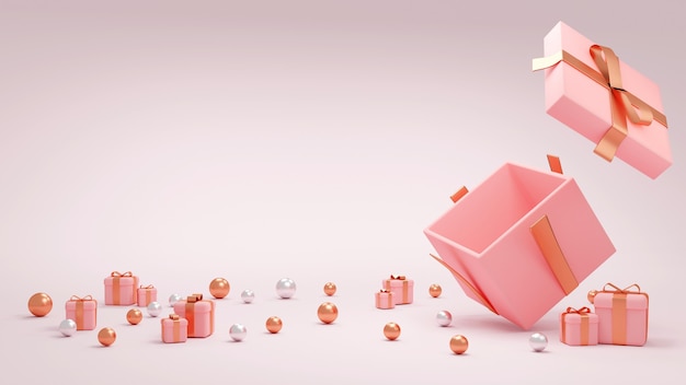 Caixa de presente rosa com renderização 3D aberta com pequenos presentes, espaço para texto para design comercial
