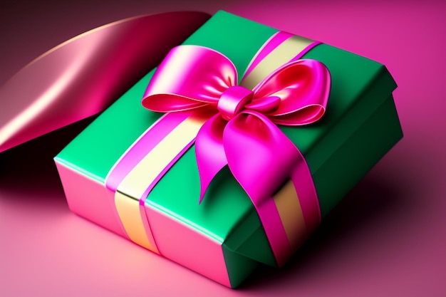 Caixa de presente rosa com tampa verde com laço rosa para caixa de dia das mães para presentes especiais fundo rosa