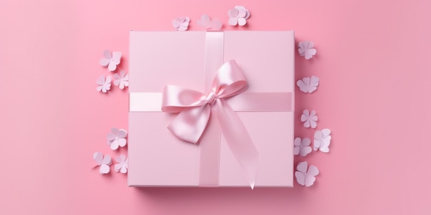 Caixa de presente rosa com uma fita rosa e flores em um fundo rosa