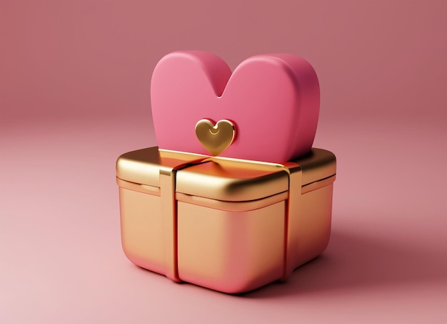 caixa de presente rosa e dourada com ícone de coração de amor renderização 3D