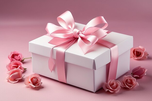 Caixa de presente rosa para o Dia dos Namorados com laço de fita de cetim branco