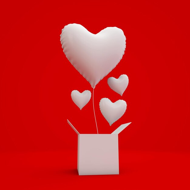 Caixa de presente surpresa de balão de folha em forma de coração 3D Rendering