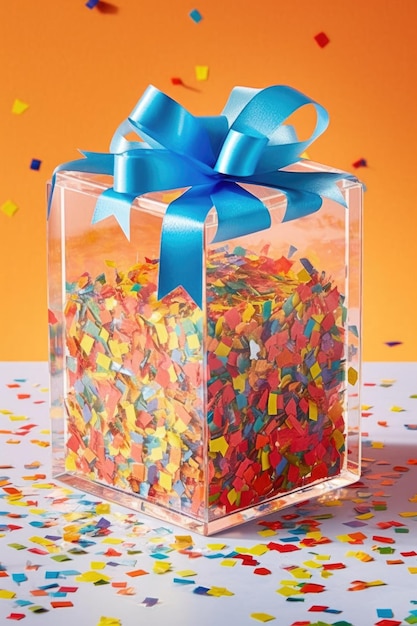 Caixa de presente transparente cheia de confete para uma surpresa festiva criada com IA generativa