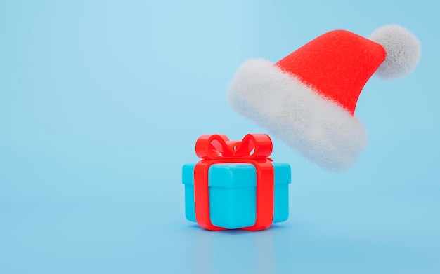 Caixa de presente turquesa 3d com chapéu de Papai Noel vermelho sobre fundo azul claro Marketing de promoção, publicidade