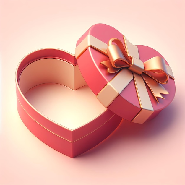 Caixa de presente vermelha aberta com fita dourada em forma de coração