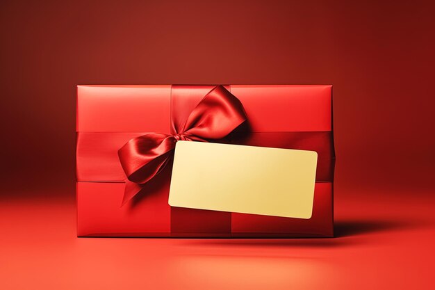 Foto caixa de presente vermelha com cartão em branco em fundo vermelho generative ai