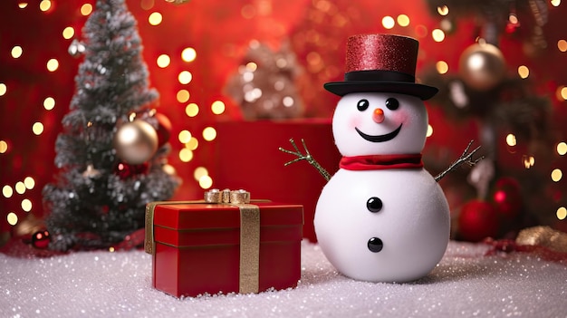 Caixa de presente vermelha e fundo de Natal do boneco de neve
