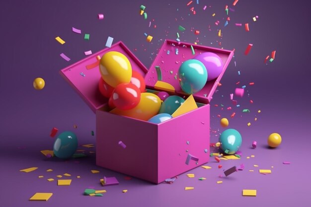 Foto caixa de presentes aberta presente com balão e confete celebração surpresa de férias saudando ilustração de renderização 3d