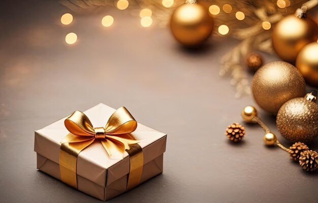 Caixa de presentes de Natal com arco dourado e decoração em fundo bokeh