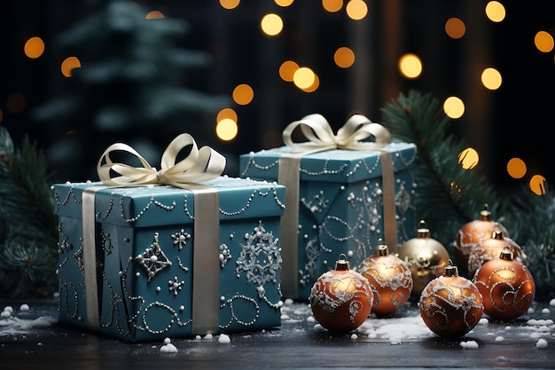 Caixa de presentes de Natal e brinquedos de Ano Novo na árvore de Natal gerada pela IA