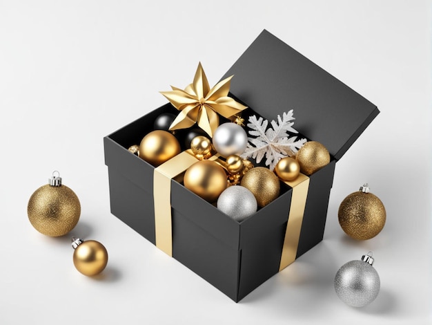 Caixa de presentes de Natal moderna, dourada e prateada, com brinquedos em espaço vazio.