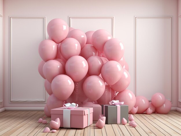 Caixa de presentes e balões no padrão de conceito de celebração de fundo rosa