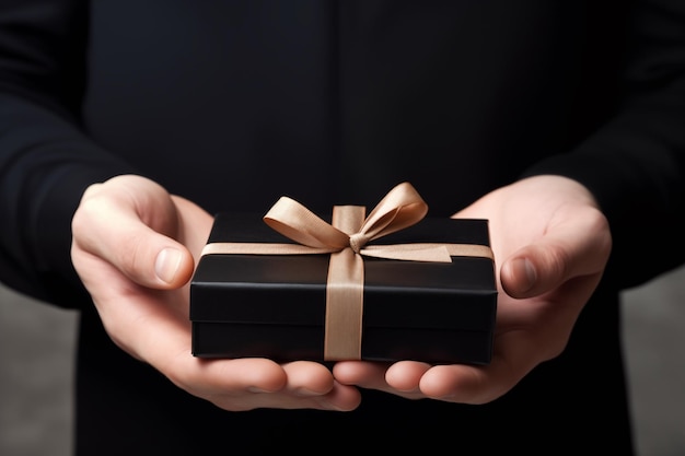 Foto caixa de presentes nas mãos de um homem de terno preto
