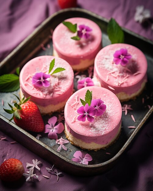 Foto caixa de quatro bolos de queijo com morangos