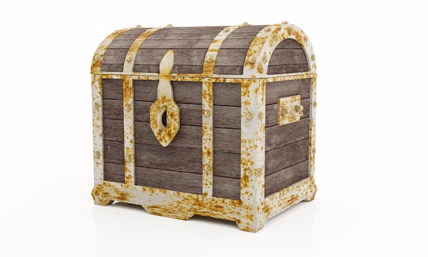 Caixa de tesouro velha enferrujada ou cofre de tesoura de madeira Isolado em fundo branco e papel de parede 3D Render