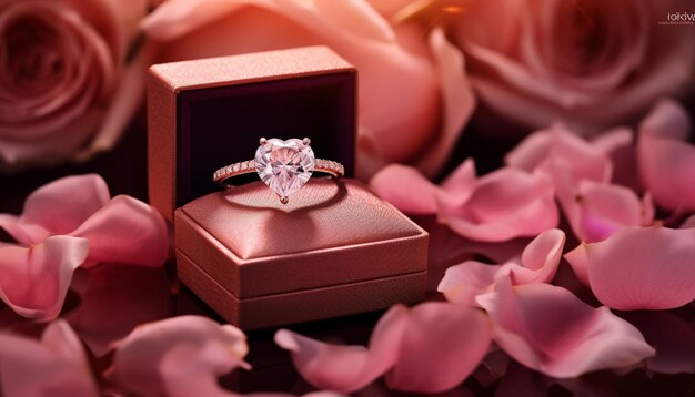 Caixa de veludo de luxo segurando um anel de diamante em forma de coração brilhante com pétalas de rosa macias espalhadas por aí
