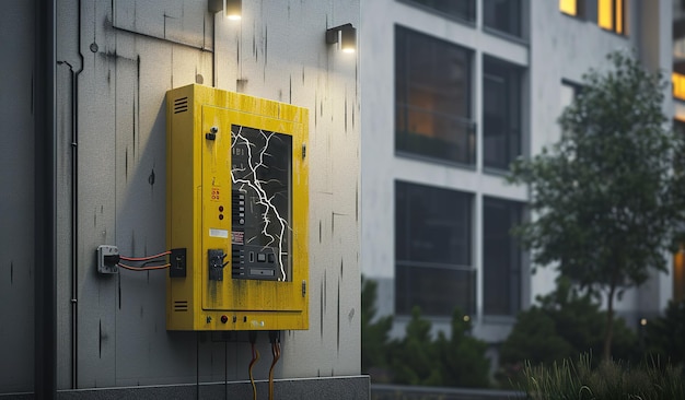 Foto caixa elétrica moderna montada em uma parede de concreto do lado de fora de um edifício moderno iluminado por