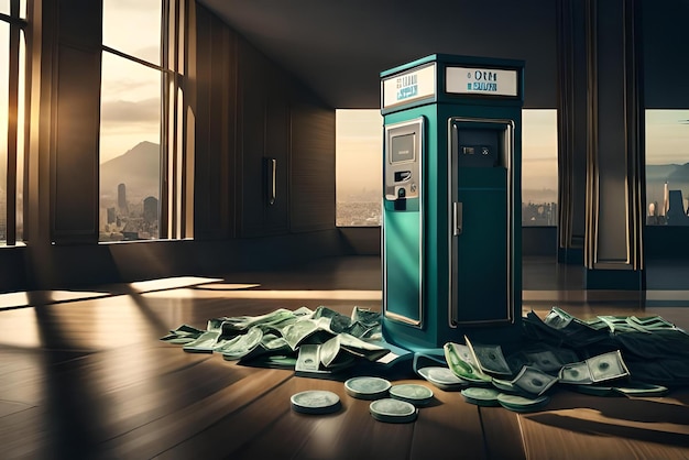 Foto caixa eletrônico 3d o dinheiro sai e o dinheiro cai no chão