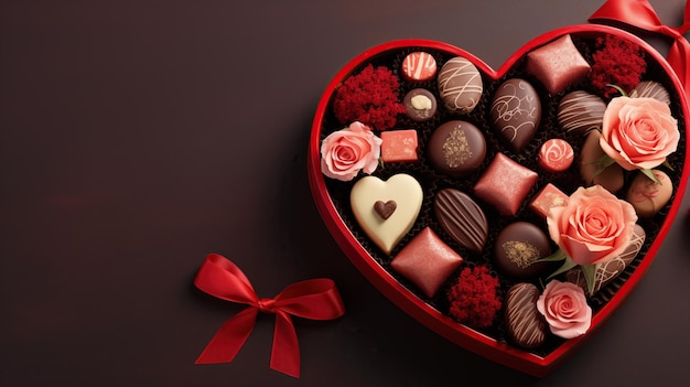 Caixa em forma de coração com doces de chocolate conceito de presente de Dia dos Namorados cartão de feriado