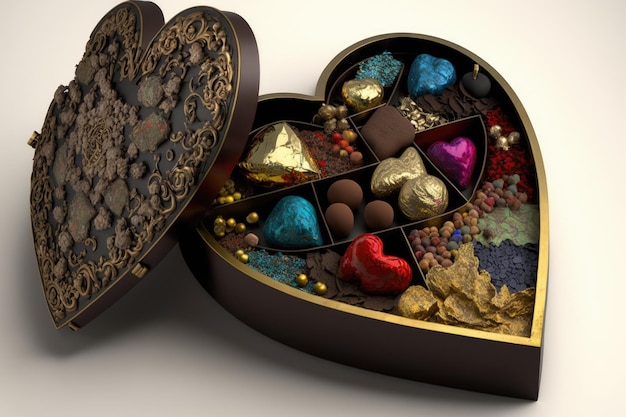 Caixa em forma de coração repleta de trufas coloridas e exóticas criadas com IA generativa