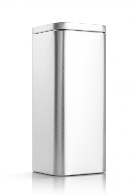 Caixa metálica de prata em branco embalagem para produto premium isolado no branco
