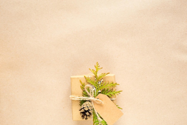 Caixa para presente de natal e ano novo em materiais ecológicos: papel kraft, ramos de pinheiro vivos, cones, barbante. tags com mock up, decoração natural, feitas à mão, faça você mesmo. simplesmente, plano de fundo, quadro, minimalismo