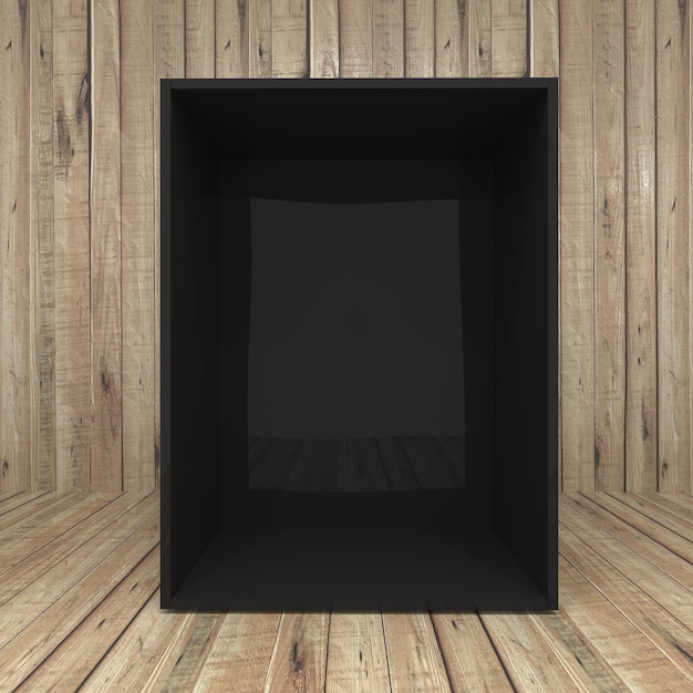 Foto caixa preta em branco no fundo de madeira