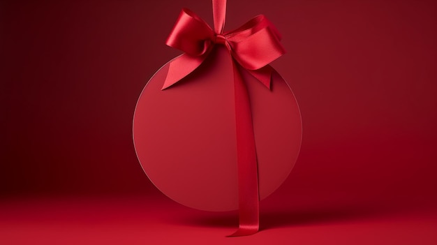Caixa redonda de feriado vermelha brilhante com laço e fita sedosa em fundo vermelho